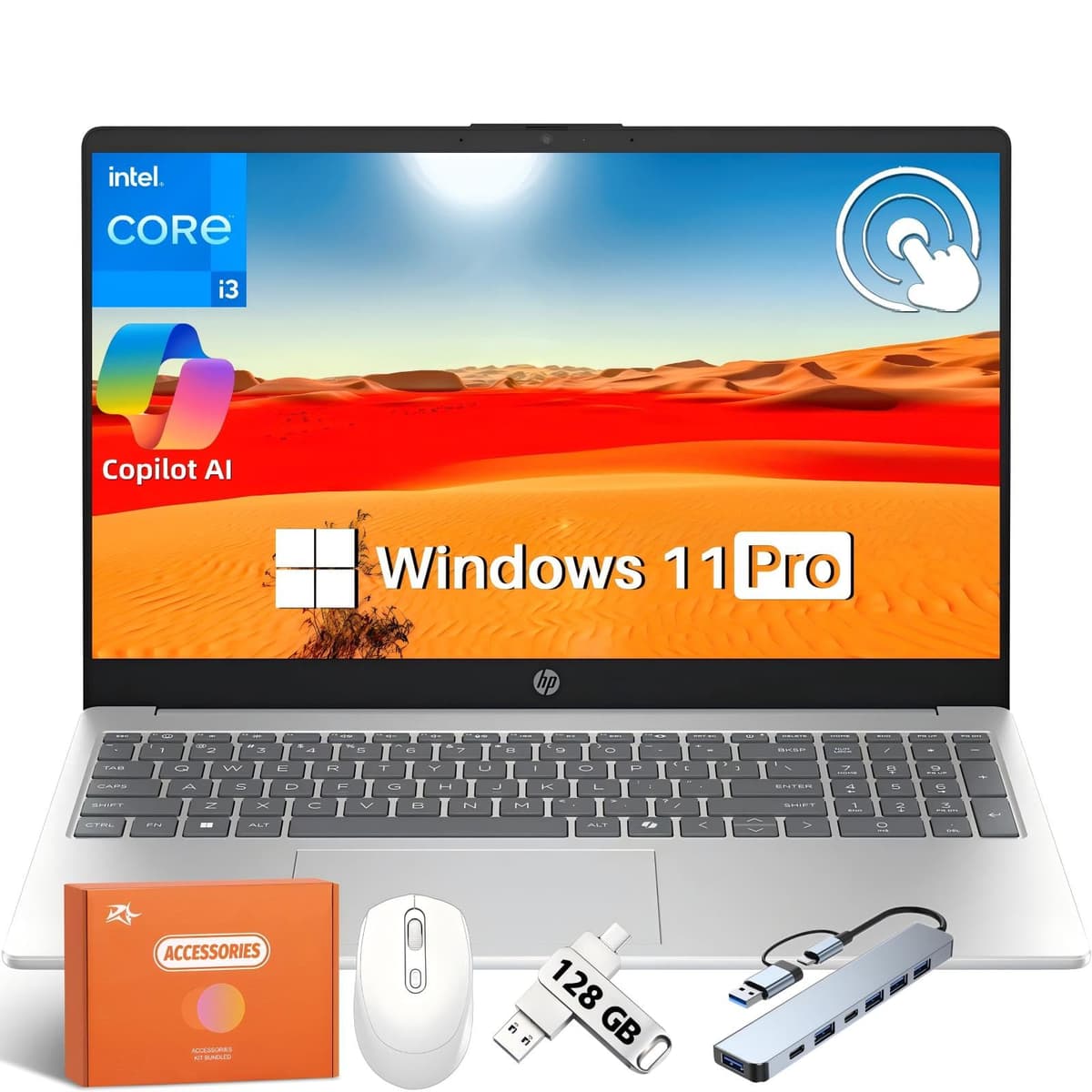 HP 2025 Laptop táctil de 15.6", Copilot AI PC, Intel Core i3-1315U de 13ª generación, 64 GB RAM, 2 TB SSD, Intel UHD Graphics, batería de larga duración, carga rápida, Wi-Fi 6, Bluetooth, Windows 11 Pro, accesorios HP Laptop