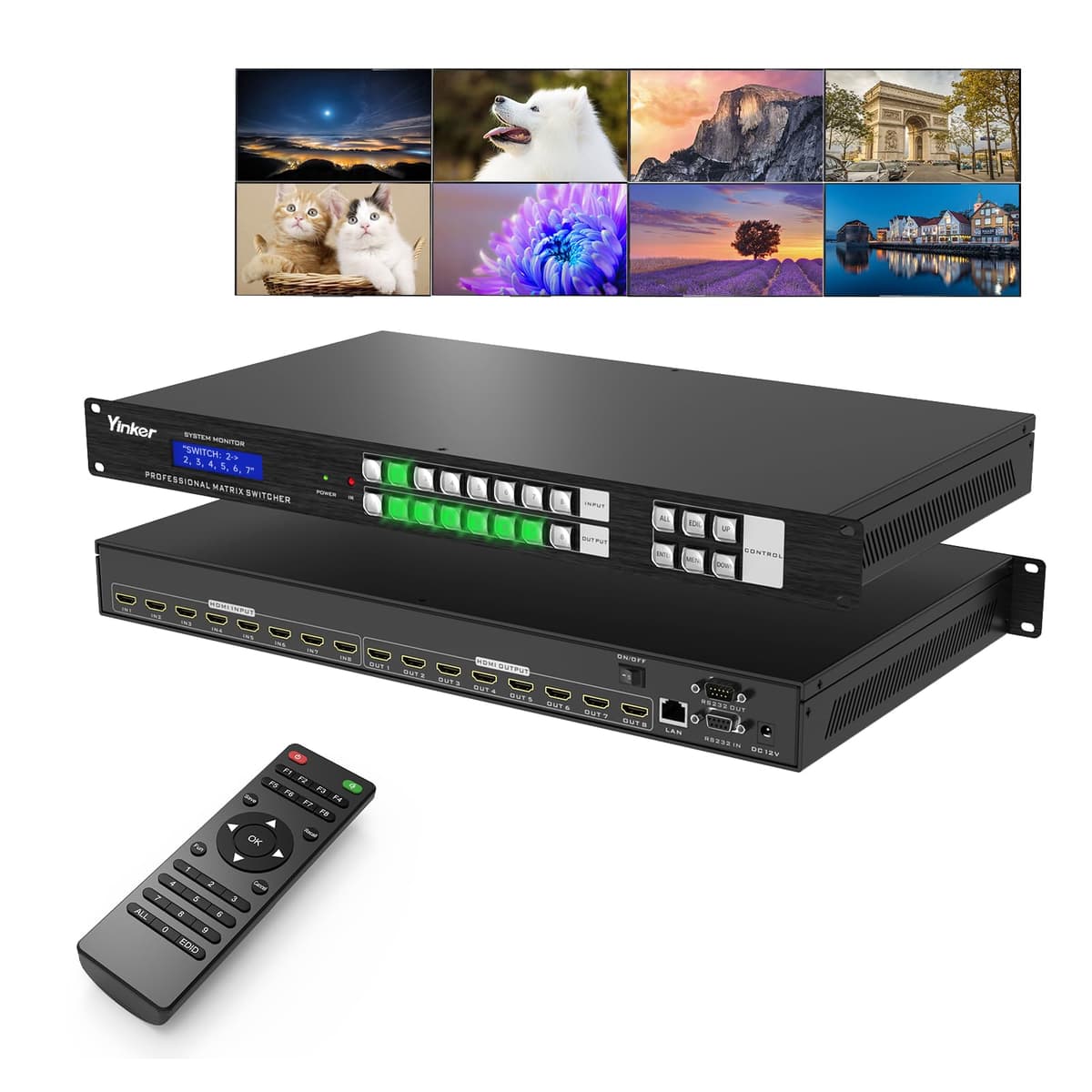 Yinker Matriz HDMI 8x8 4K, Selector y Divisor HDMI 8 Entradas 8 Salidas Montable en Rack, Compatible con 4K@30Hz EDID HDCP, Botones Acrílicos Retroiluminados/IR/RS232/LAN HD0808