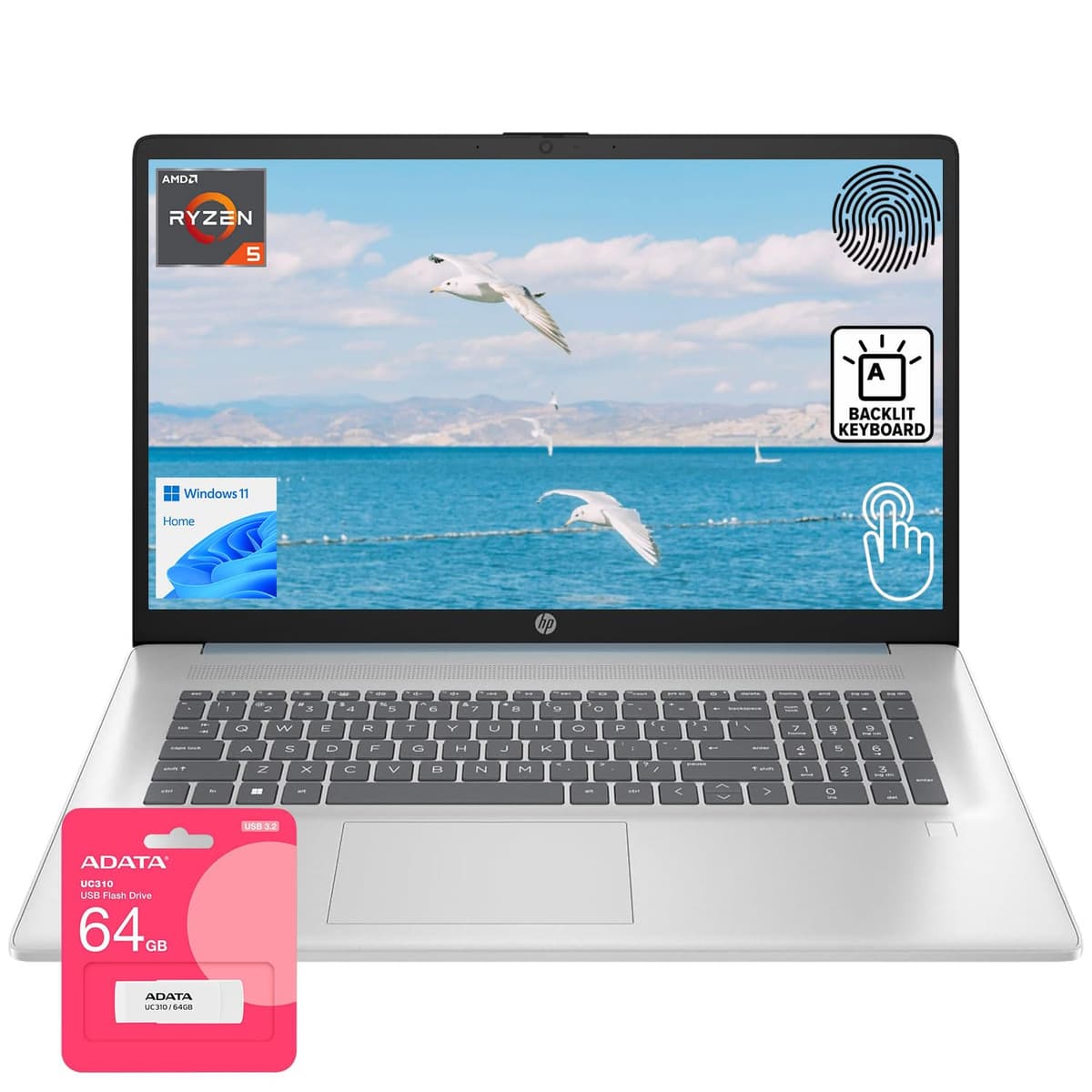 HP portátil táctil de alto rendimiento 17.3" - AMD Ryzen 5 7430U, 16 GB RAM, SSD PCIe 1 TB, teclado retroiluminado, lector de huellas, webcam, HDMI, Wi-Fi 6, Windows 11 Home, azul, paquete con USB flash UC310 64 GB 17-cp3602nr