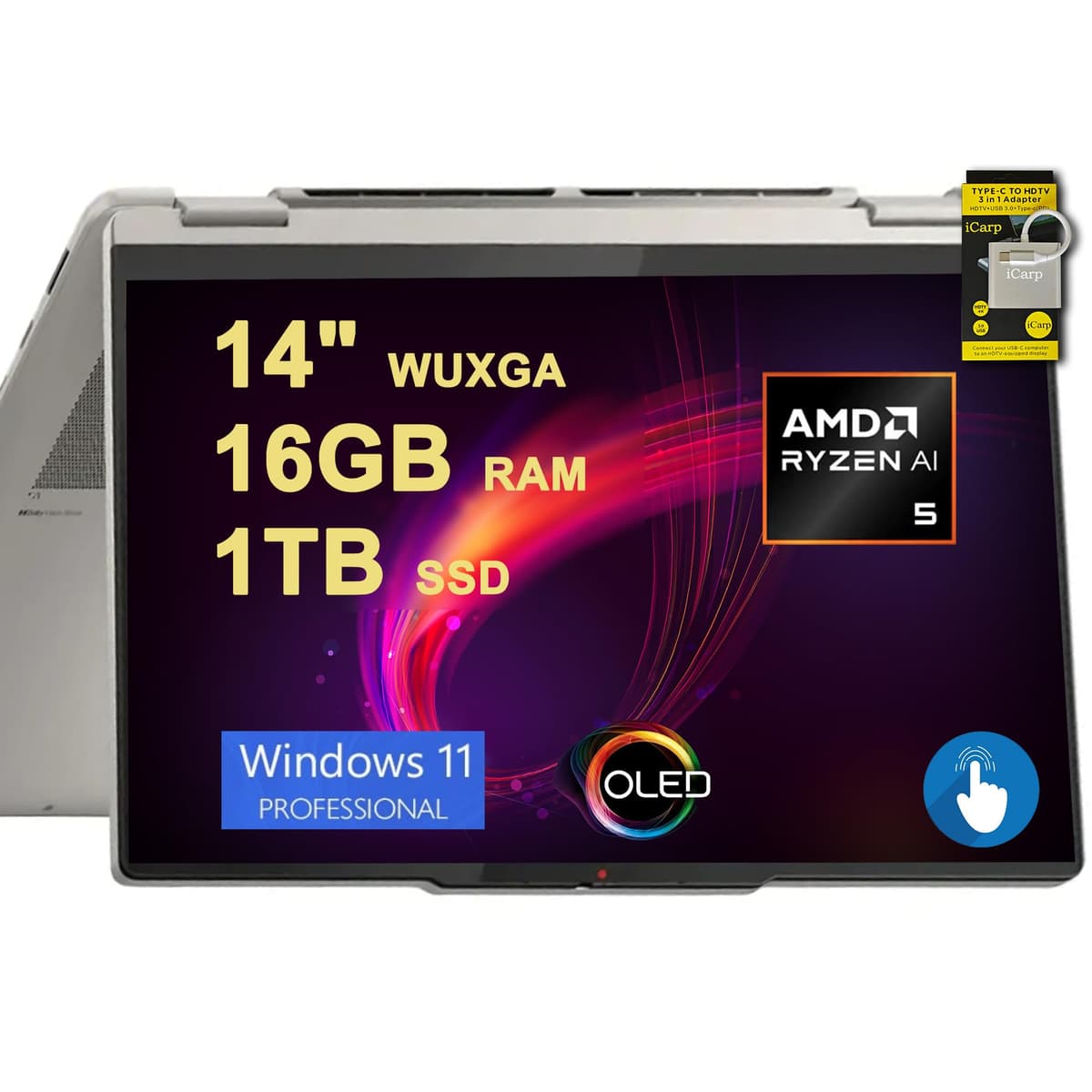 Lenovo Yoga 7 2 en 1 Portátil 14" WUXGA OLED Táctil (100% DCI-P3,600 nits HDR) AMD Ryzen AI 5 340 de 6 núcleos (hasta 50 TOPS) 16 GB DDR5 1 TB SSD para Creadores y Negocios Win11 Pro Hub ICP con Copilot AI