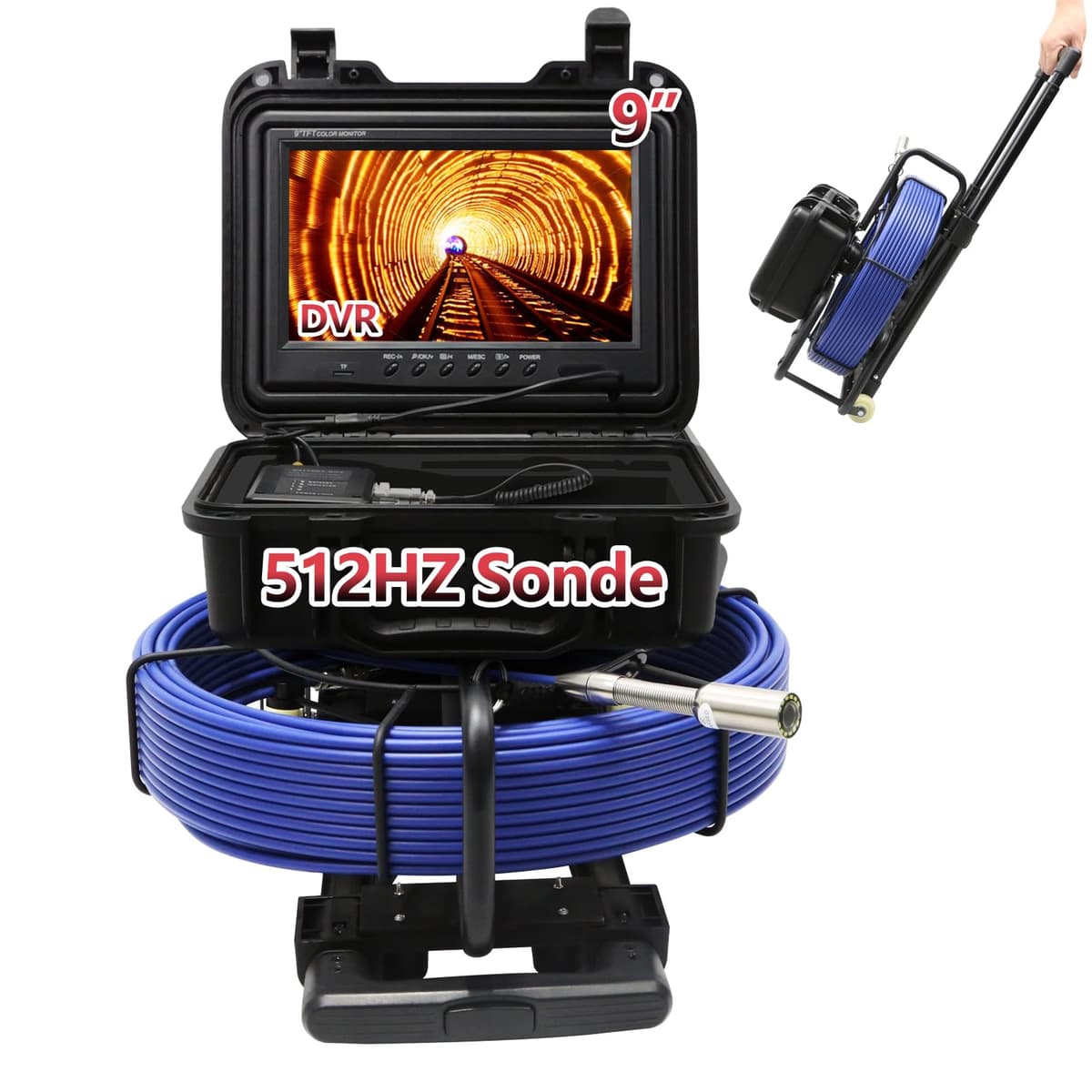 Danculpe Cámara de Inspección de Cañerías con Sonda 512Hz, 50 m, Pantalla 9" IPS con DVR, 12 LEDs Ajustables, Cable 7mm, IP68 9DX1