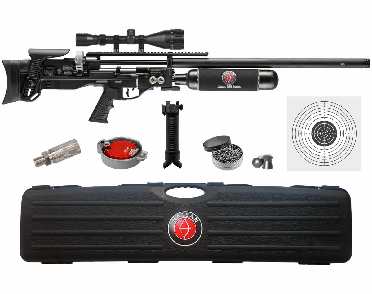 Wearable4U Hatsan Factor BP .35 Cal PCP Bullpup con Palanca Lateral, 888 FPS, 144 FPE, Funda Dura, Mira y Accesorios HGFactorBP35_SC+AmmoTarg