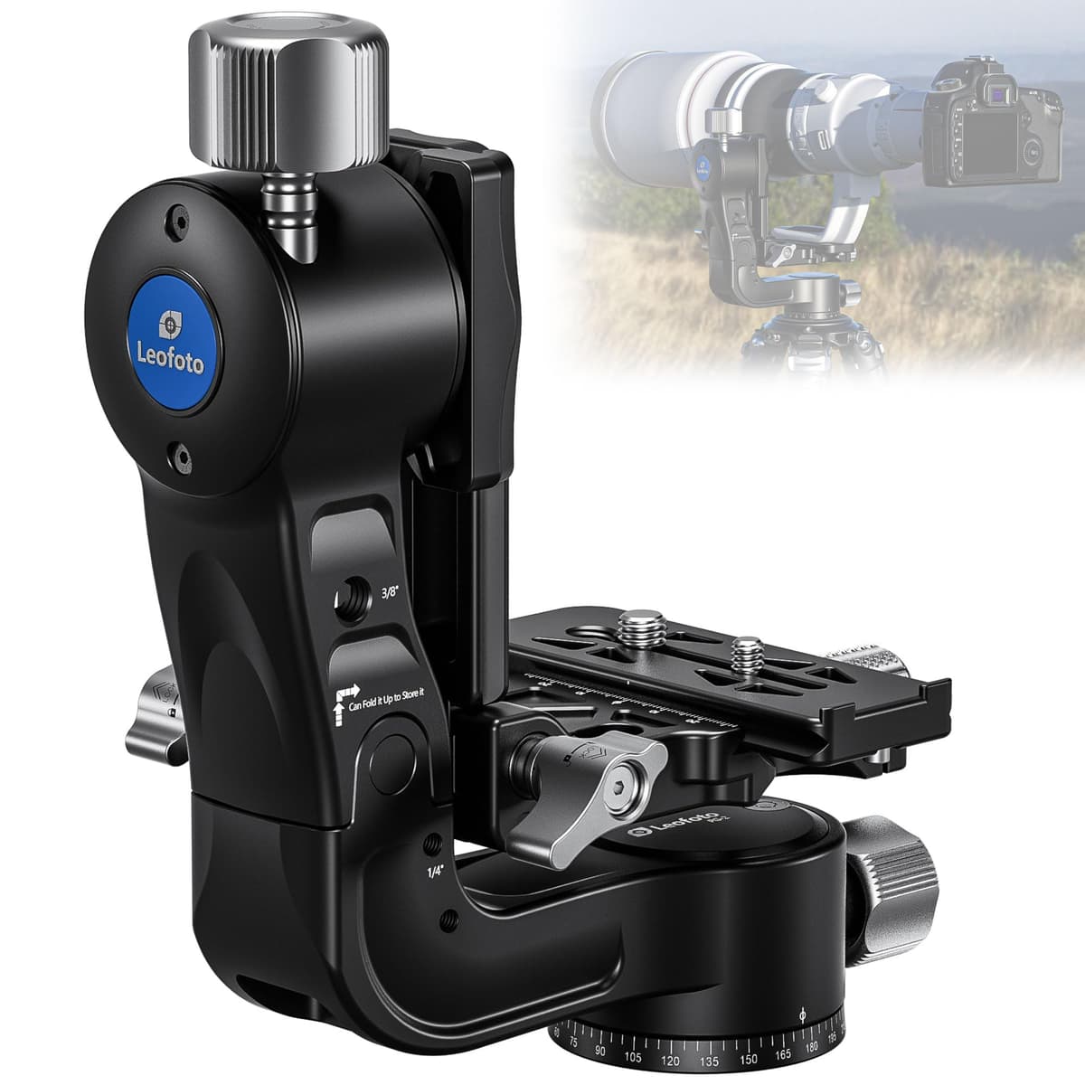 Cabezal Gimbal para Cámara Leofoto, Gimbal Plegable de Aluminio con Orificio 3/8"-16 y Rosca 1/4"-20 para Montaje en Trípode/Paneles LED/Monitores/Micrófonos, Carga Máxima 25 kg/55.12 lb (PG-2-Negro) LFT-PG-2-Black