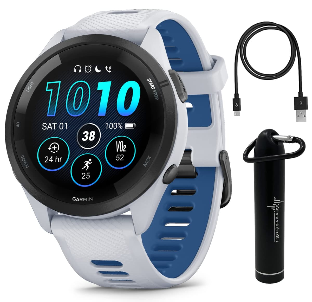 Wearable4U Garmin Forerunner 265 Music GPS Running 46 mm Smartwatch, Whitestone con pantalla táctil AMOLED Paquete E-Bank wa001