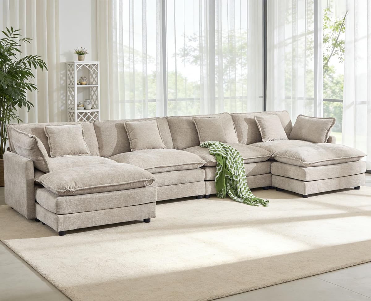 VEPXXP Sofá seccional modular oversized en U, 6 plazas, chenille camel