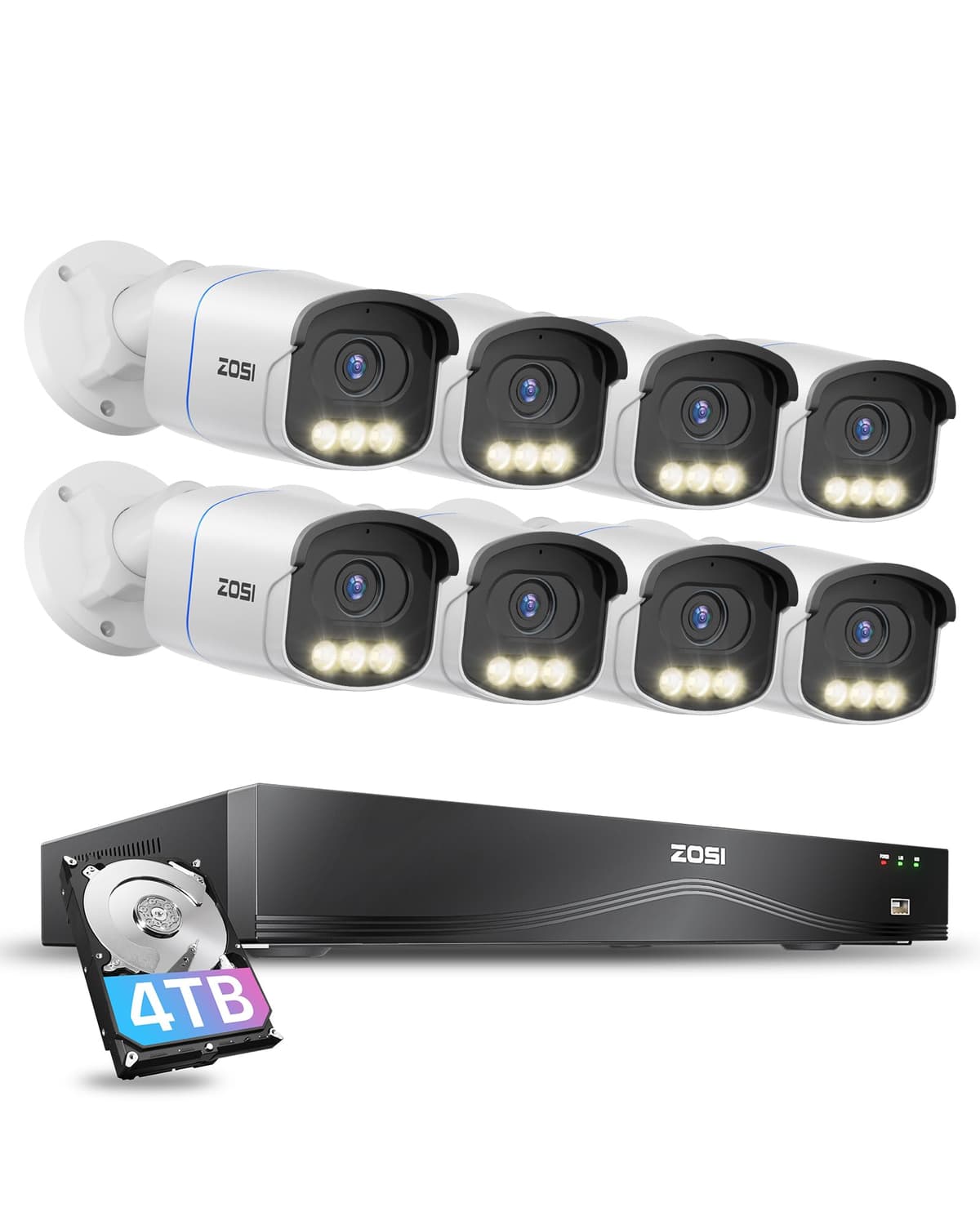 Sistema de Cámaras de Seguridad ZOSI 16CH 4K PoE, 8 cámaras PoE 4K C186 Aurora Lux para Exteriores con Visión Nocturna a Color Real, Detección de Personas y Vehículos, Audio Bidireccional, NVR 16CH 8MP con HDD de 4TB para Grabación 24/7 C186 Überwachungskamera Set
