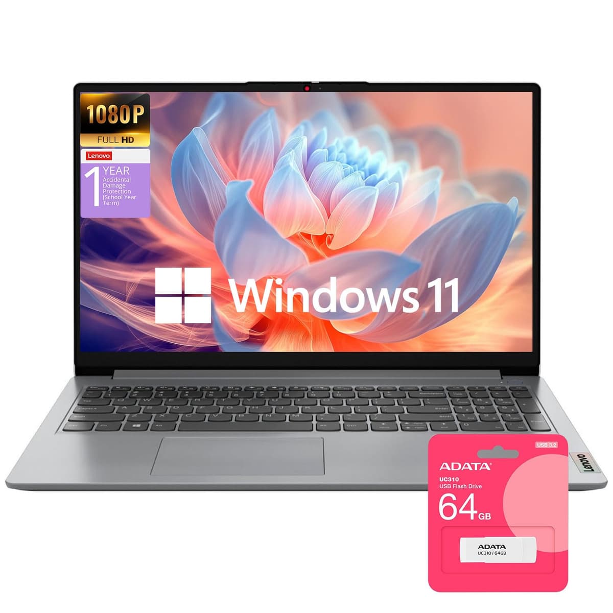 Lenovo portátil de 15 pulgadas con Office 365 para la web, 8GB de RAM, 256GB SSD + 128GB eMMC de almacenamiento, CPU Intel, teclado numérico de 10 teclas, Windows 11 Home, USB externo de 64GB Ideapad 1