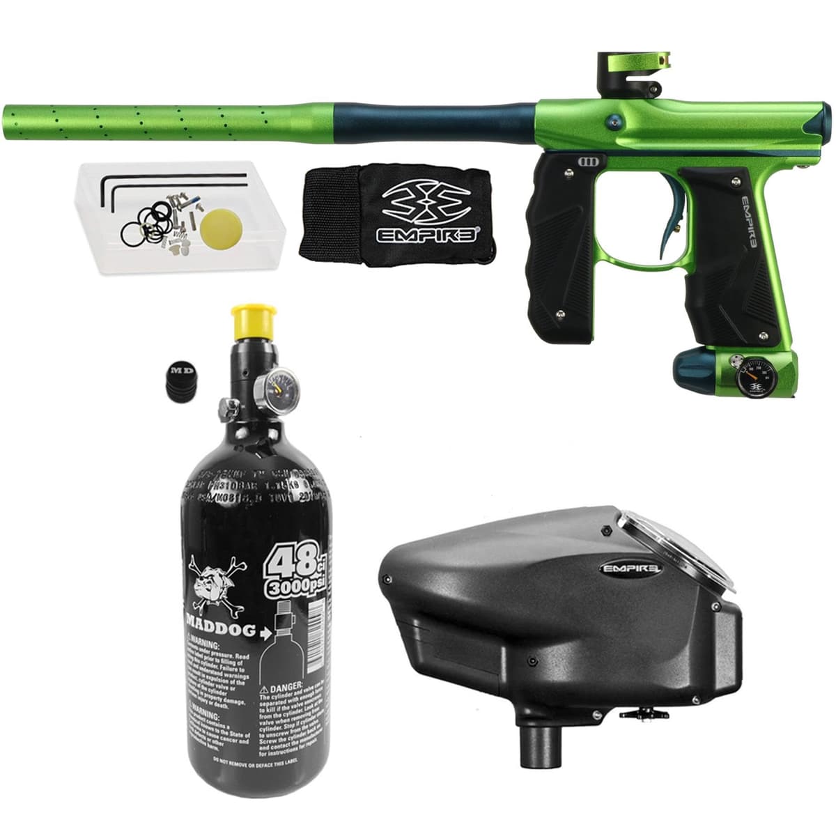 Maddog Empire Mini GS - Paquete starter marcador electrónico .68 cal con cargador Halo Too y tanque HPA 48/3000 (Dust Cadmium Green/Admiral Blue) 2067-17356