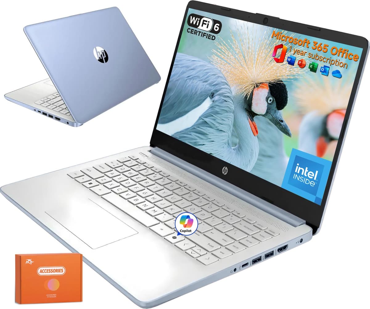 HP 2025 Nueva Laptop de 14 Pulgadas para Estudiantes y Negocios, Intel N150, 16 GB RAM, 384 GB Almacenamiento (128 GB UFS + 256 GB MSD), Wi-Fi 6, Copilot AI, 1 Año Microsoft 365, Windows 11 Pro, Azul Cielo, Con Mouse