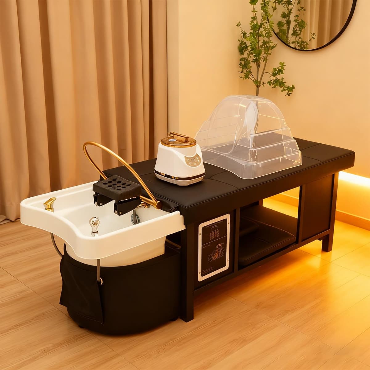 Bisonful Camilla de Masaje con Lavabo para Champú, Cama de Masaje, Equipo de Spa para Cabeza con Ciclo de Agua y Fumigación, Cama Estacionaria de Spa para Cabeza para Salones de Belleza, Esteticista, Tratamientos, Resort de Bienestar, Negro 598456485