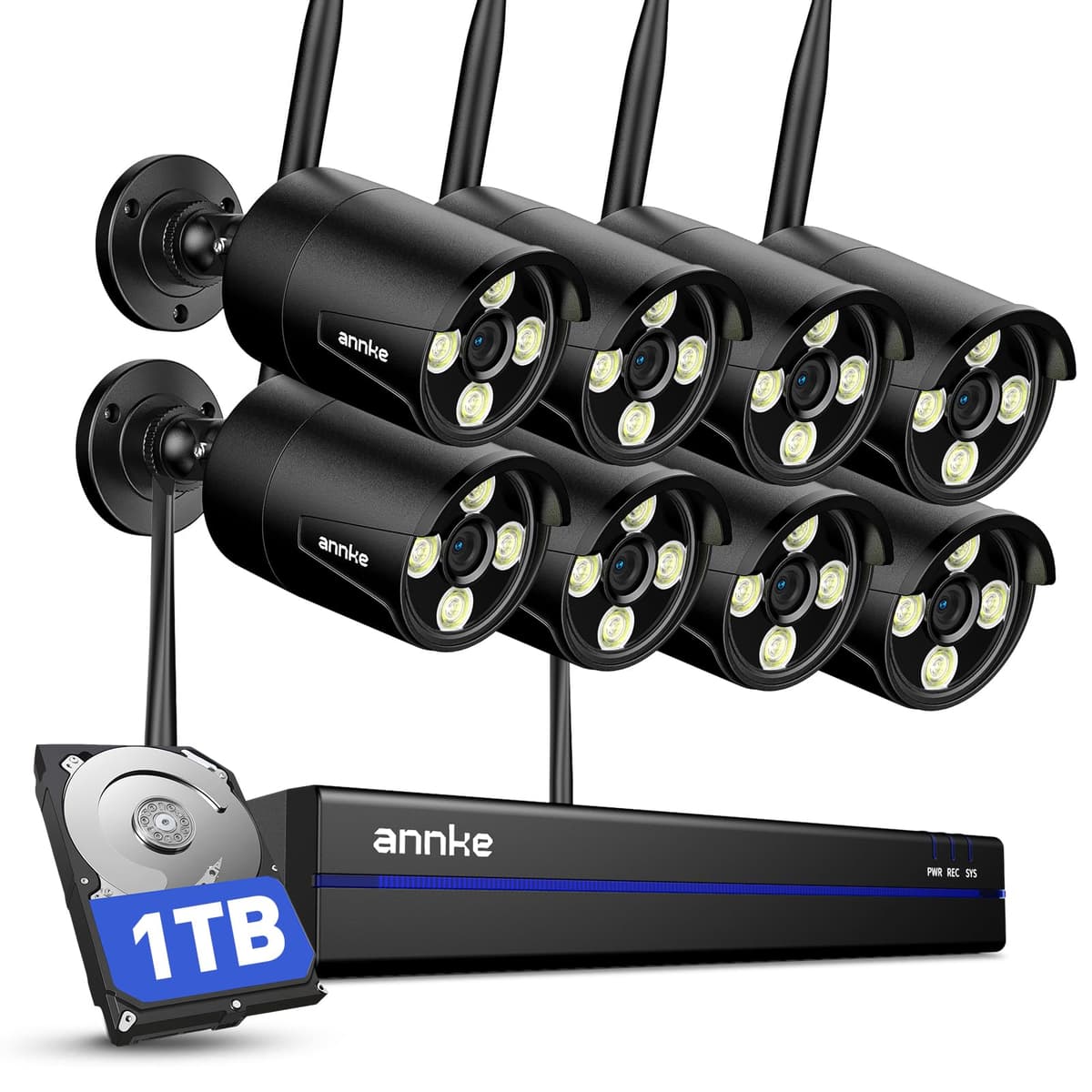 Sistema de Cámaras de Seguridad Inalámbricas ANNKE - NVR de Seguridad 4K Expandible 16CH, 8 Cámaras Exteriores 2K, Voz Bidireccional, Alerta de Movimiento, Resistente al Clima, Controlado por App Móvil para Interior/Exterior, 1TB AU-N98WHR1-78FU-OP
