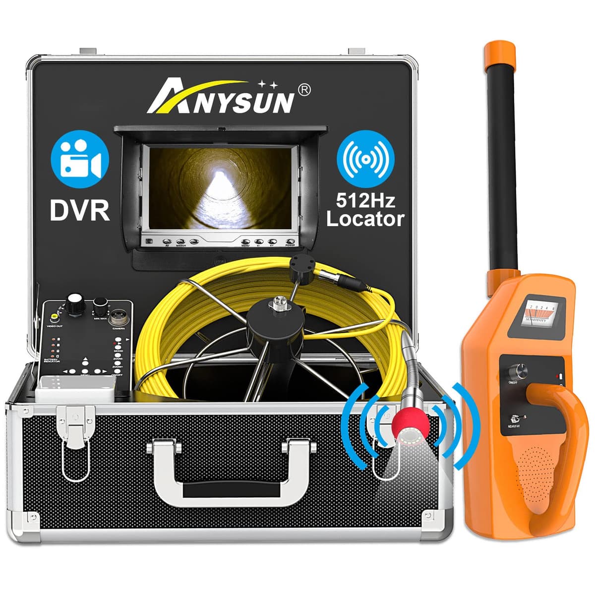 Anysun Sewer Camera con Localizador 512Hz, Cámara IP68, Monitor 7", 30M Cable, DVR, 8GB SD anysun sewer camera with locator