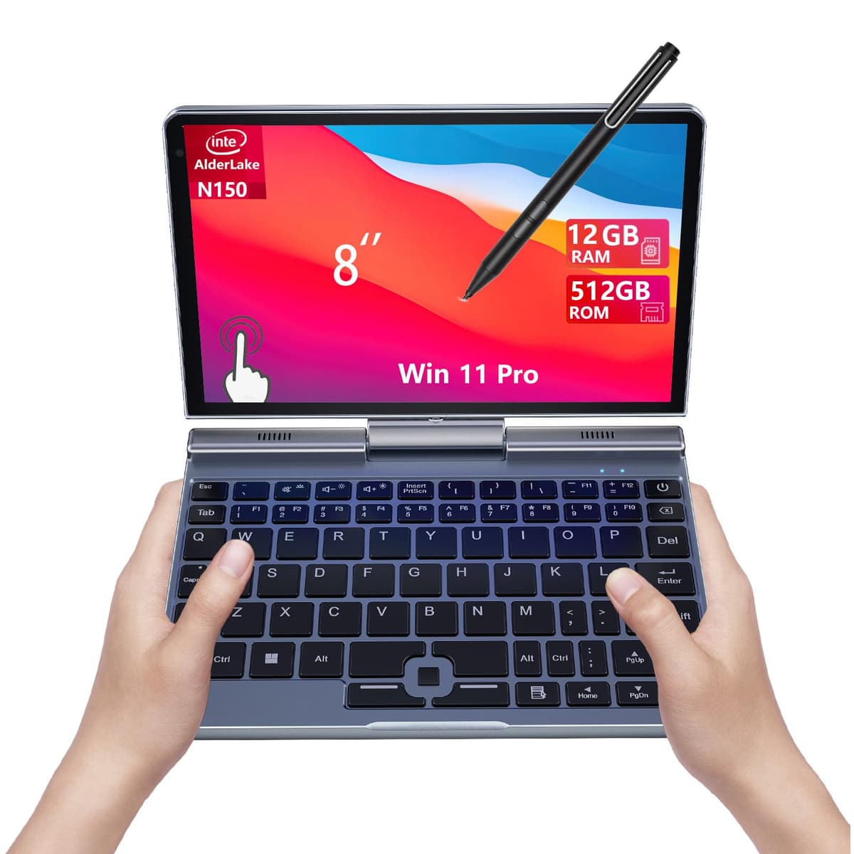 KOOFORWAY Mini Laptop 2 en 1 de 8 pulgadas, Pantalla Táctil HD Giratoria con Soporte para Escritura, Win 11 Pro, N150, 12GB RAM, 512GB SSD, Wi-Fi 6, BT 5.2, Cámara 2 MP, G-Sensor, HDMI, Type-C Ultra Pocket PC bp8