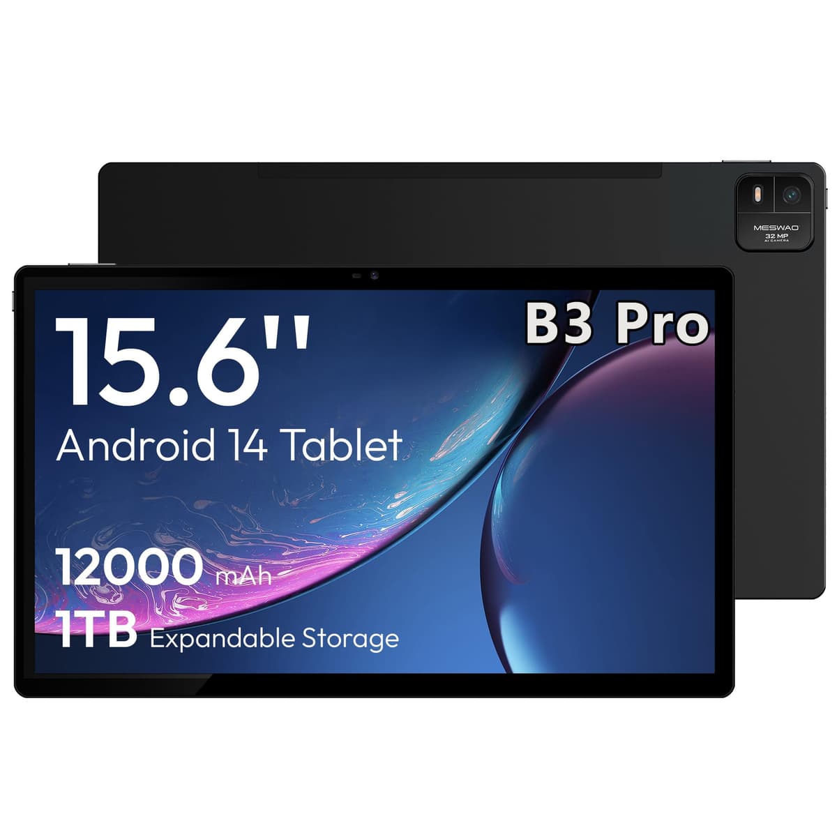 MESWAO 2025 Tablet Pro Android 14 de 15.6 pulgadas, pantalla FHD IPS, Helio G99 Octa-Core, 8GB RAM 256GB ROM expandible a 1TB, cuatro parlantes, batería 12000mAh, carga rápida 30W, Wi-Fi dual, cámaras 32MP MES-B3