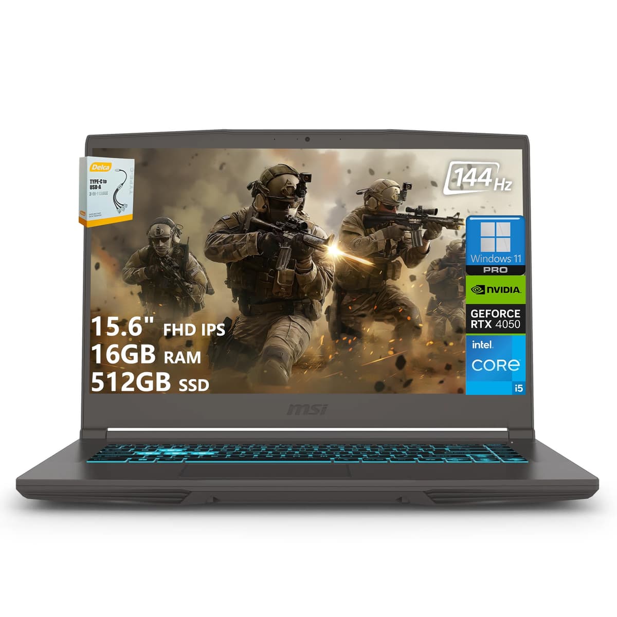 Portátil para Juegos MSI Thin 15 | 15.6" FHD IPS 144Hz | Intel 8 núcleos i5-13420H (> i7-12650H) | 16GB RAM 512GB SSD | GeForce RTX 4050 6GB | Teclado Retroiluminado con Type-C Wi-Fi 6E Win11 Pro con Accesorio DLCA MSI THIN 15 i5 4050