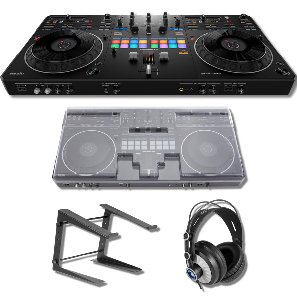StreamEye Pioneer DDJ-REV5 Controlador DJ 4-deck con cubierta Decksaver, audífonos profesionales y soporte para laptop DDJ-REV5 (with Decksaver Cover)