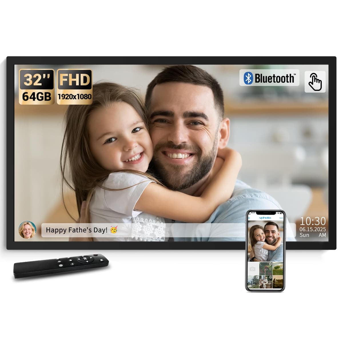 Marco Digital Grande BSIMB de 32 Pulgadas, Pantalla Táctil 64GB 1920x1080 FHD WiFi, Marco Fotográfico Electrónico Montable en Pared, Compartir Fotos/Videos vía App/USB/SD, Configuración Fácil, Regalo para Mamá, Negro RM