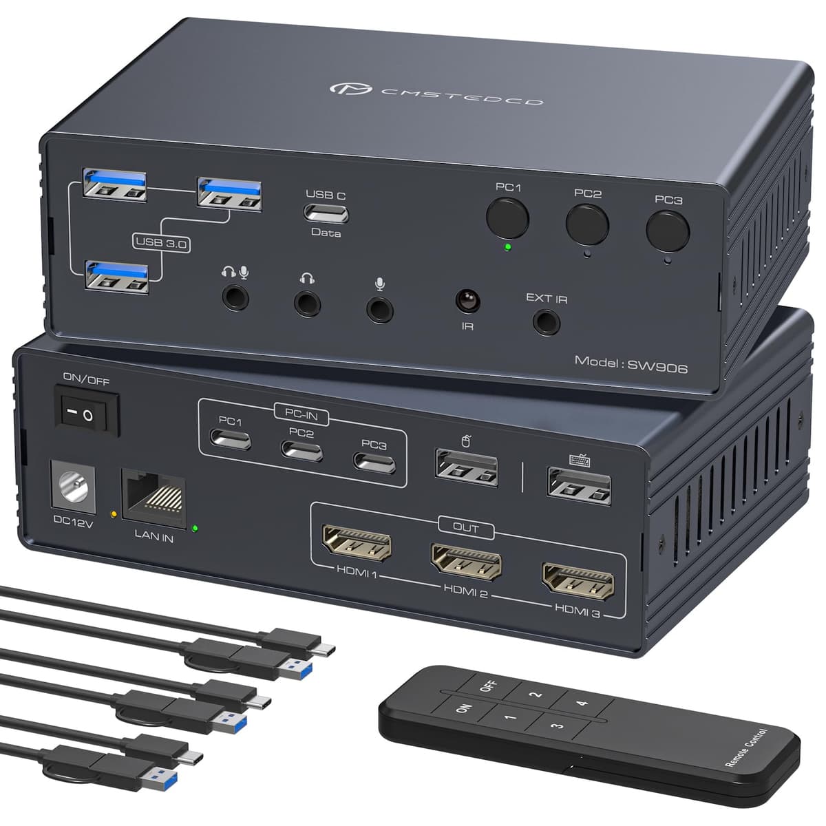 AILVLVNG Thunderbolt 4 KVM Docking Station para 3 monitores y 3 laptops con triple 4K@60Hz, Ethernet y puertos USB-A/C SW906-Deep Black
