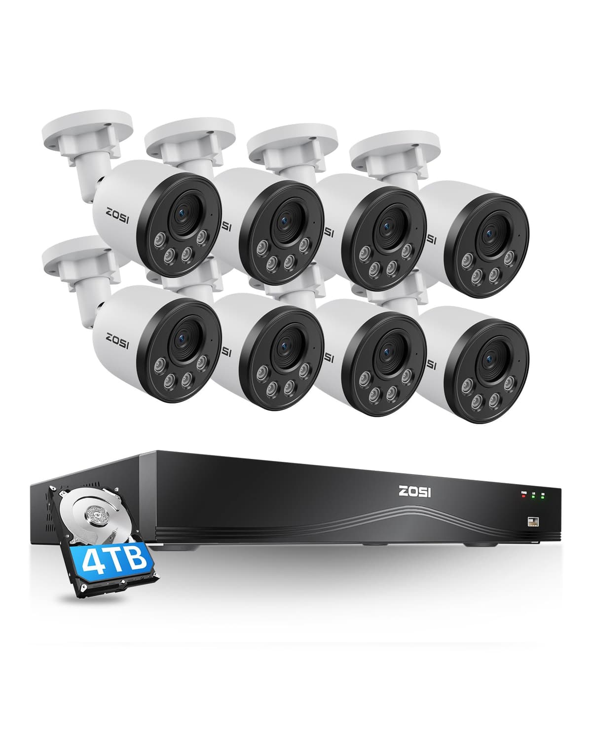 Sistema de cámaras de seguridad ZOSI 16CH 4K PoE, 8 cámaras 8MP interior/exterior, detección de personas y vehículos, conteo de personas, audio unidireccional, visión nocturna 30 m, NVR de 16 puertos 32 canales con HDD de 4TB para grabación 24/7 168B4-1808W8-US-V2