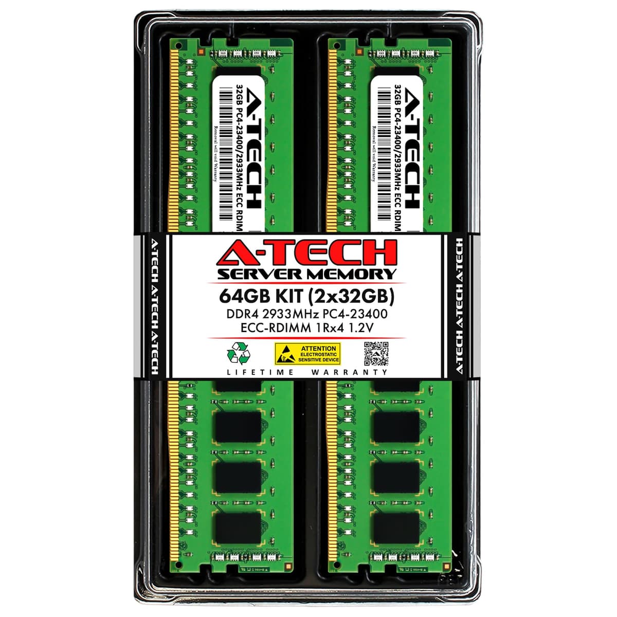 A-Tech Kit de 64 GB (2x32 GB) DDR4 2933 MHz PC4-23400 ECC RDIMM 1Rx4 Un solo Rango 1.2 V MEMORIA ECC Registrada DIMM de 288 Pines para Servidor y Estación de Trabajo (Series Empresarial A-Tech) AT32G2D4D2933RS4N12V