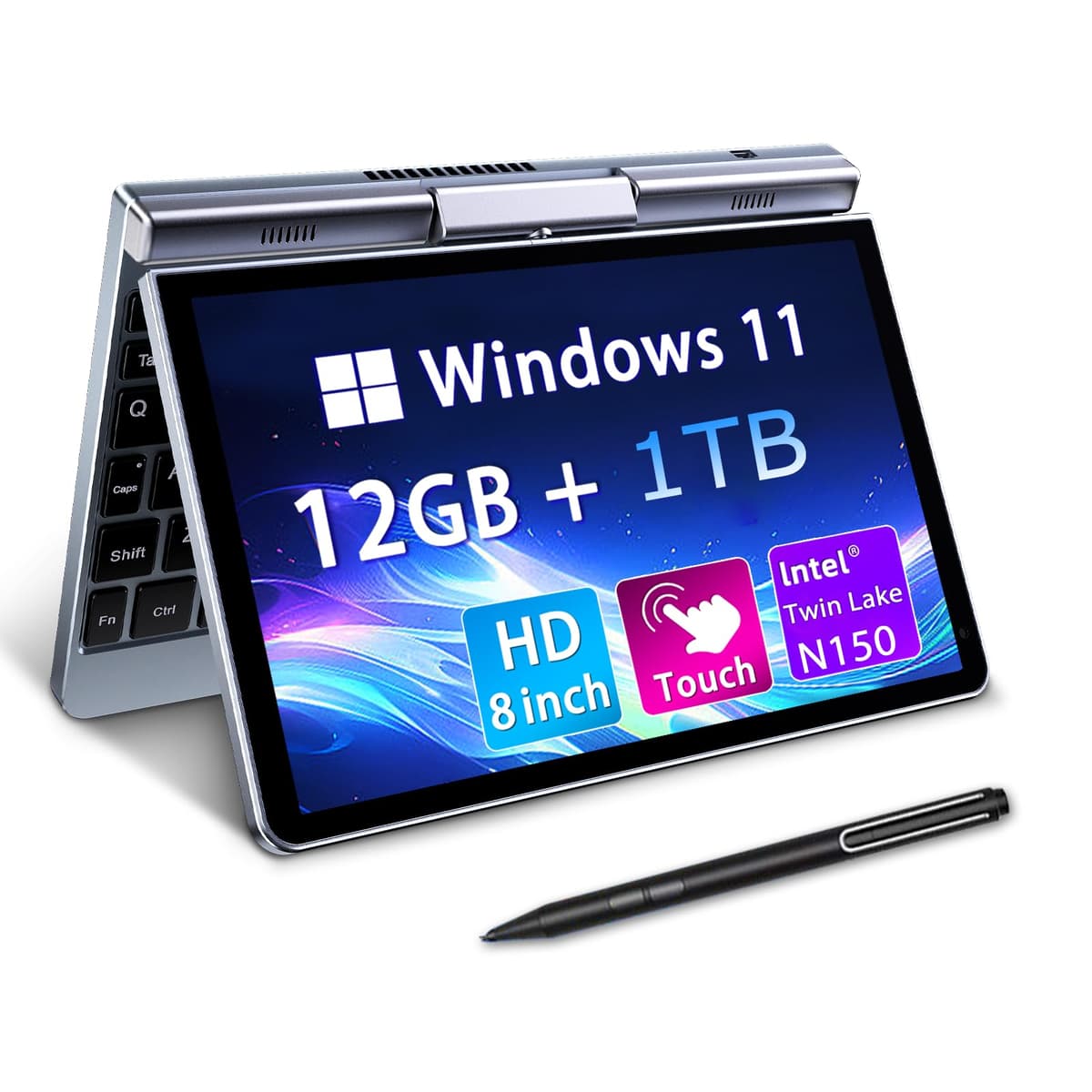 KOOTIGERS Mini Laptop 8" 2 en 1, Computadora Portátil Win 11, Intel N150 (hasta 3.6 GHz), 12 GB RAM 1 TB SSD, Pantalla Táctil HD, Teclado Retroiluminado, Wi-Fi 6, USB-C, PC Liviana y Portable para Trabajo/Niños/Escuela