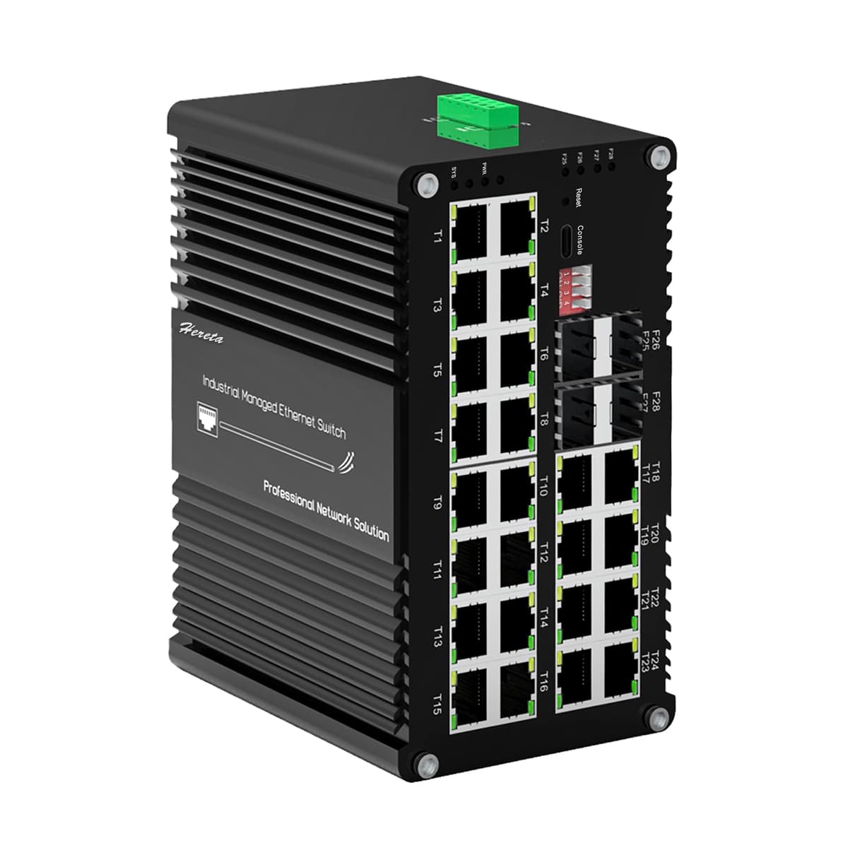 Hereta Switch PoE L2+ industrial 24 puertos Gigabit + 4 SFP, 48-57VDC, protección 6KV Industrial L2+ Managed Ethernet Switch