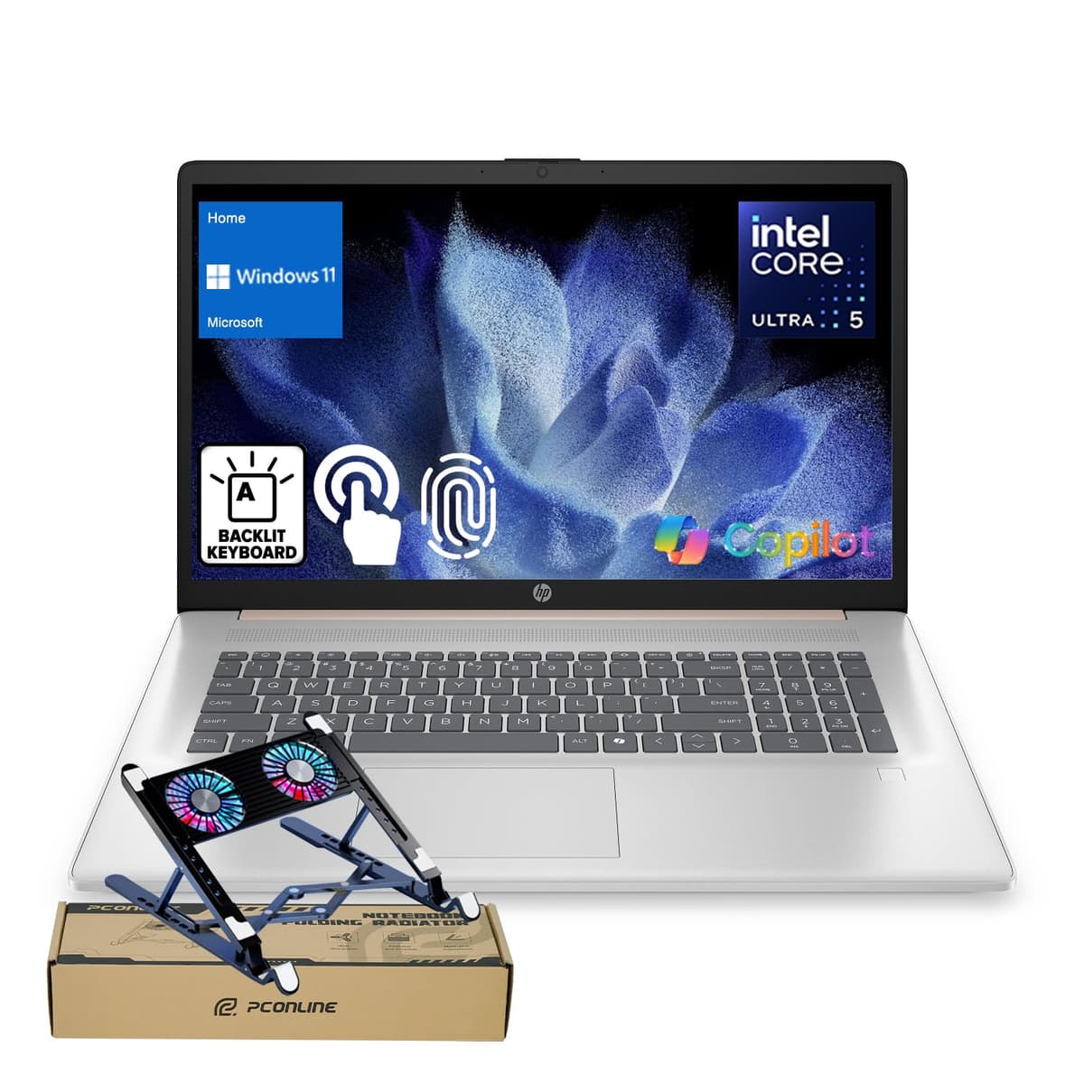 HP 17 Portátil para Uso Empresarial, 17.3" Táctil, Ultra 5 225U (>17-1355U) Rendimiento para Multitarea, 16GB DDR5 RAM, 1TB SSD, Lector de Huellas, Teclado Retroiluminado, Windows 11 Home, Rosa, Paquete con Enfriador PCO para Portátil TPN-I139