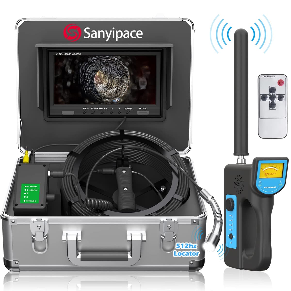 Sanyipace Cámara para Alcantarillas 165FT/50M con Localizador 512Hz, Auto-nivel y Grabador con Micrófono y Bocina SY