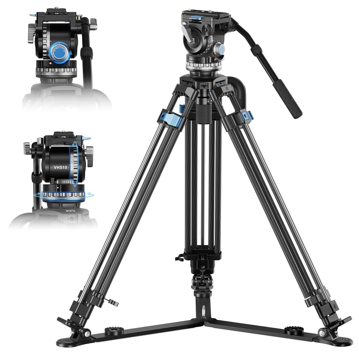SIRUI SQ75+VHS10 Trípode de Fibra de Carbono, Trípode de Video de 71.7” con Cabezal Fluido Profesional, Contrapeso de 7 Niveles, Amortiguación de Inclinación/Panorámica de 4 Niveles, Montaje Rápido para Cámara, Carga Máx. 10 kg/22 lb