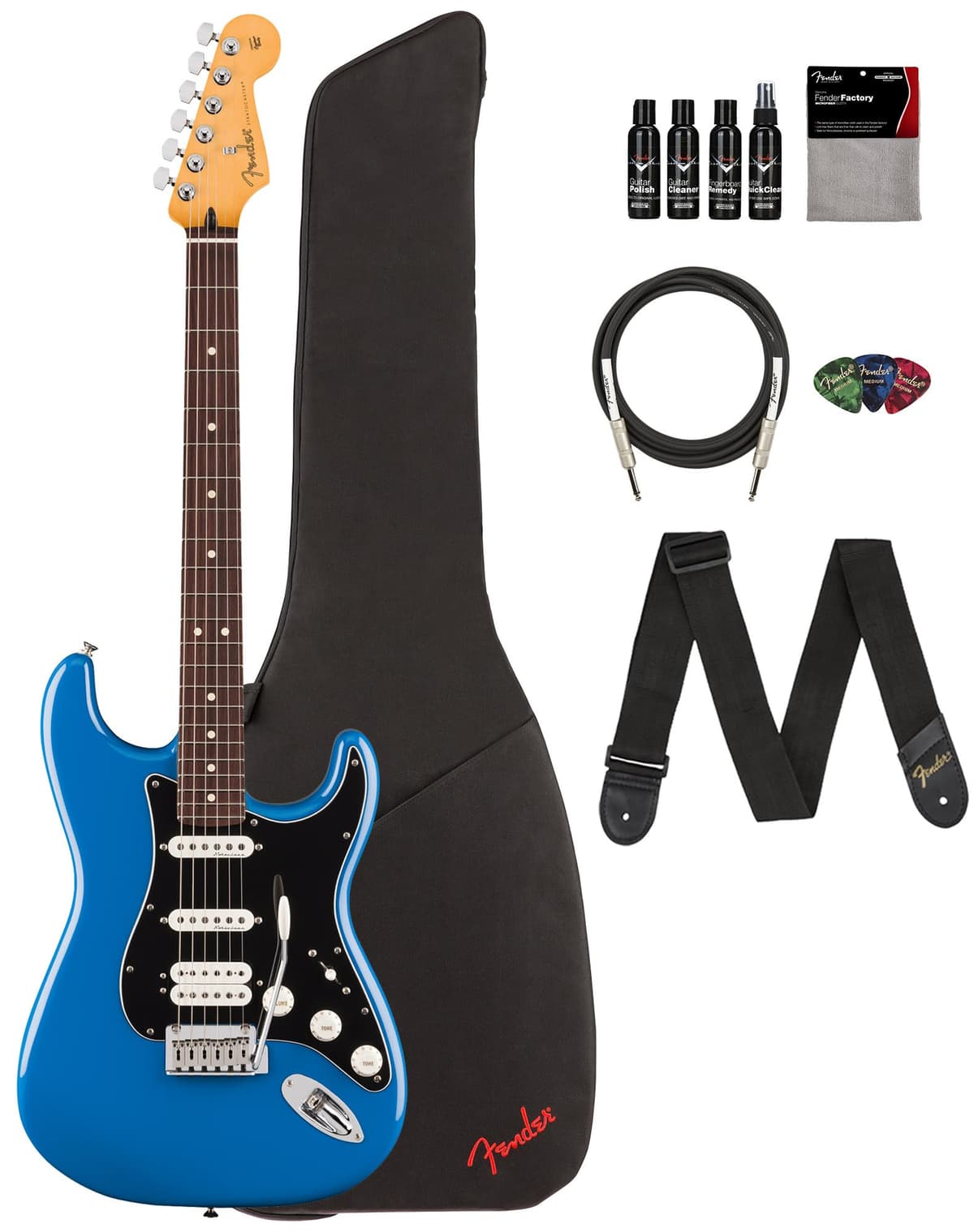 Fender Player II Modified Stratocaster HSS - Azul Eléctrico Paquete con Funda, Correa, Cable, Paquete de 3 Púas y Kit de Limpieza para Guitarra AUS-0147430335-COMBO-DLX