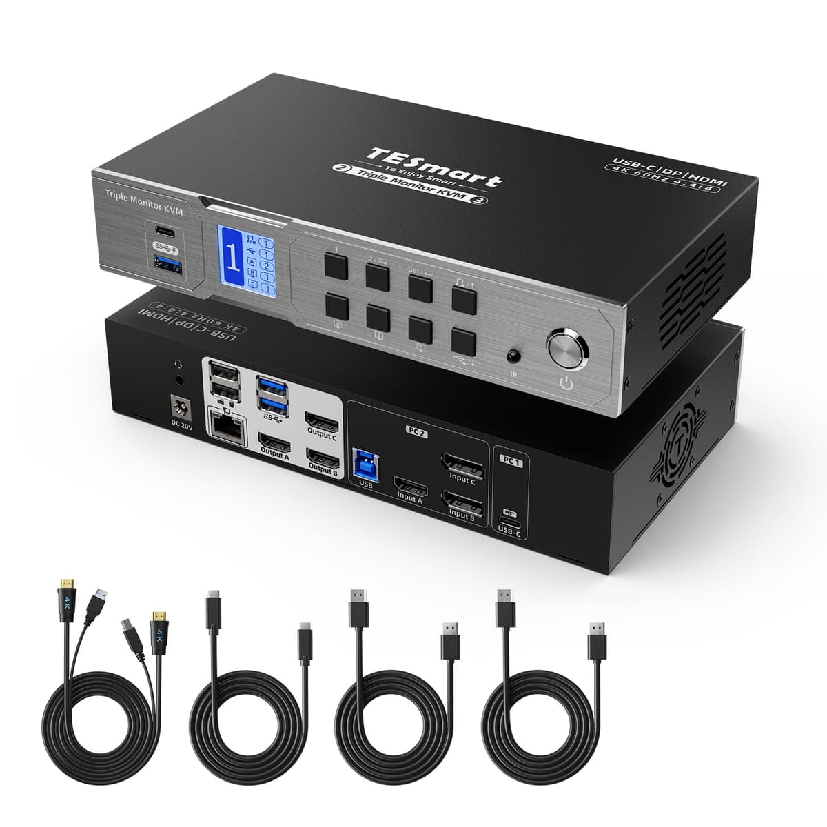 TESmart USB-C MST & EDID KVM 3 Monitores 2 Computadoras, Triple 4K@60Hz, Dock 11-en-1 con USB 3.0,1G Ethernet, 60W PD HDC203-P23-USBK