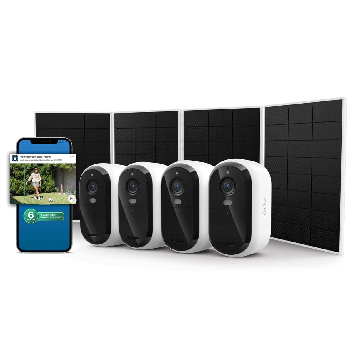 Cámara de Seguridad Arlo Essential 2K (3.ª Gen., Lanzamiento 2025) 4 Cam + 4 Paneles Solares + 6 Meses de Plan Secure Plus - Cámara Exterior Inalámbrica, Alimentación por Batería, Reconocimiento de Personas, Detección de Paquetes, Blanco VMK3480L06-1AZCNS