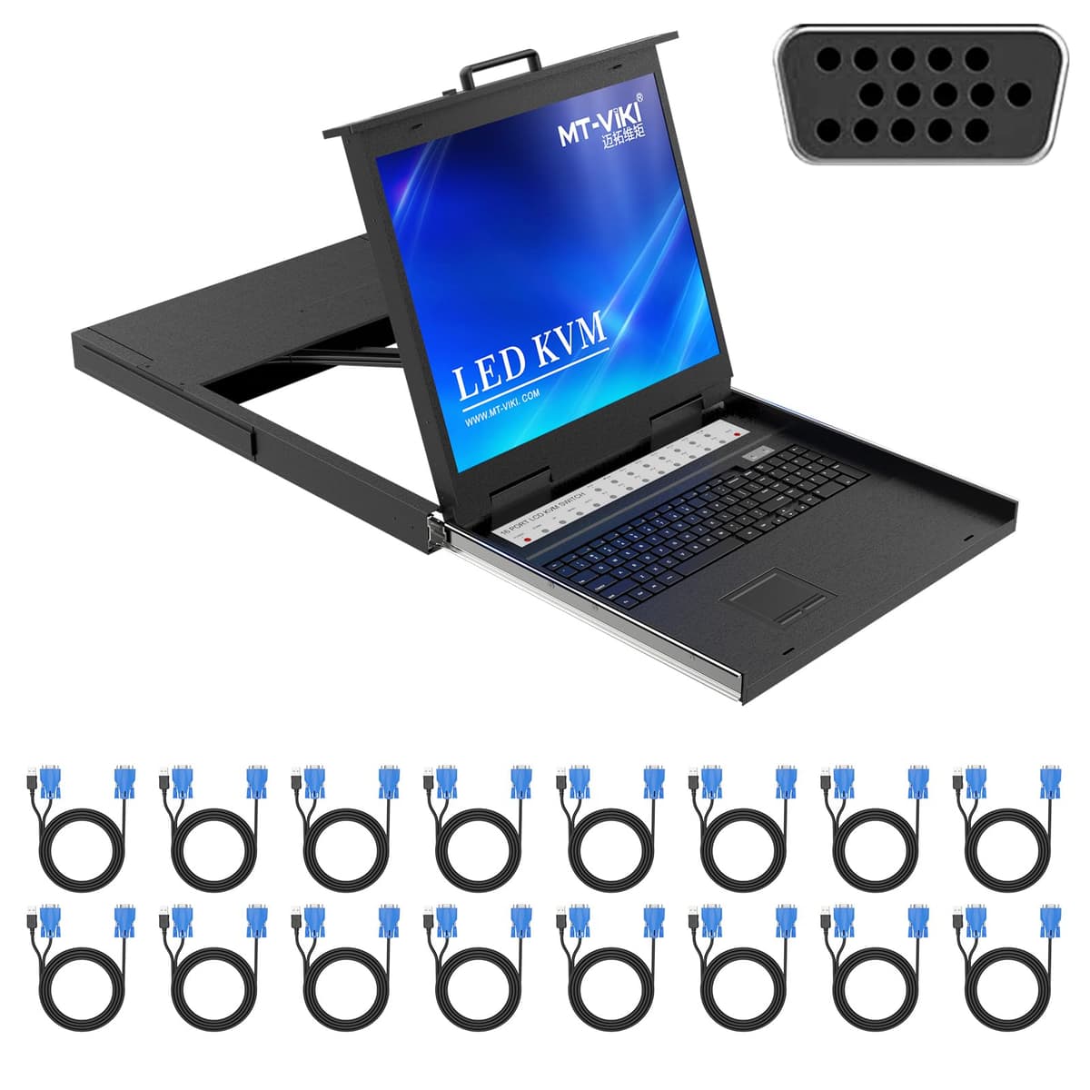 MT-VIKI MT-1916UL Consola KVM rack 19" 16 puertos con teclado, monitor, touchpad y 16 cables incluidos