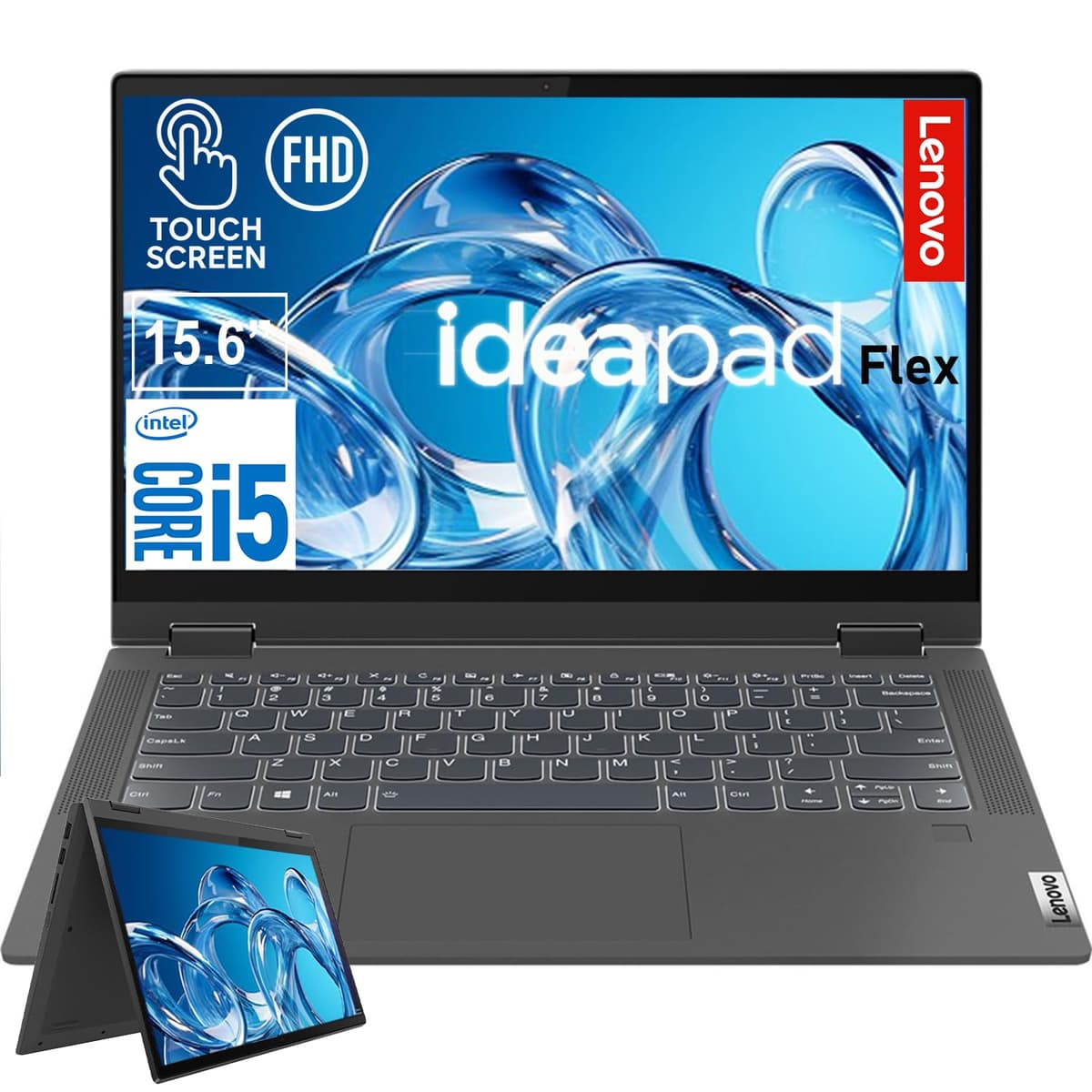 Lenovo IdeaPad Flex 5 Laptop, pantalla táctil FHD de 15.6", Intel Core i5-1135G7 de cuatro núcleos, 8GB RAM, SSD de 1TB, Windows 11, gris grafito, teclado retroiluminado, lector de huellas, WiFi 6 00CQI5