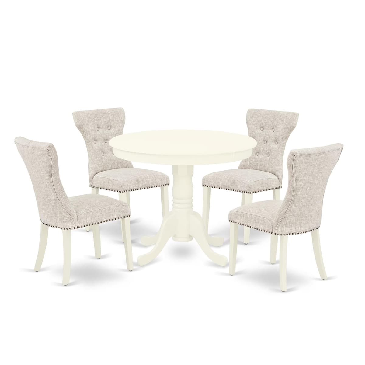 Conjunto de comedor East West Furniture ANGA5-LWH-35, mesa redonda 36x36 con 4 sillas tapizadas lino blanco