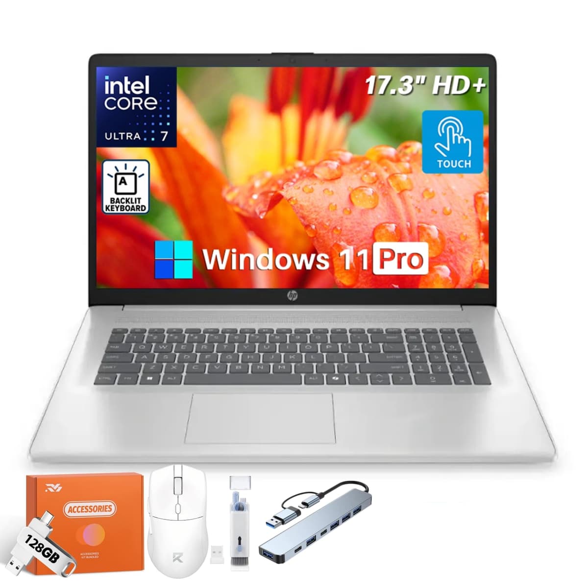 HP 17.3 Pulgadas Táctil, Intel Ultra 7 de 12 Núcleos 255U, 32GB DDR5, 1TB SSD, Windows 11 Pro, Pantalla Antirreflejo, Teclado Retroiluminado, Wi-Fi 6, Copilot AI, Cámara HD, Computadora Portátil con Accesorios
