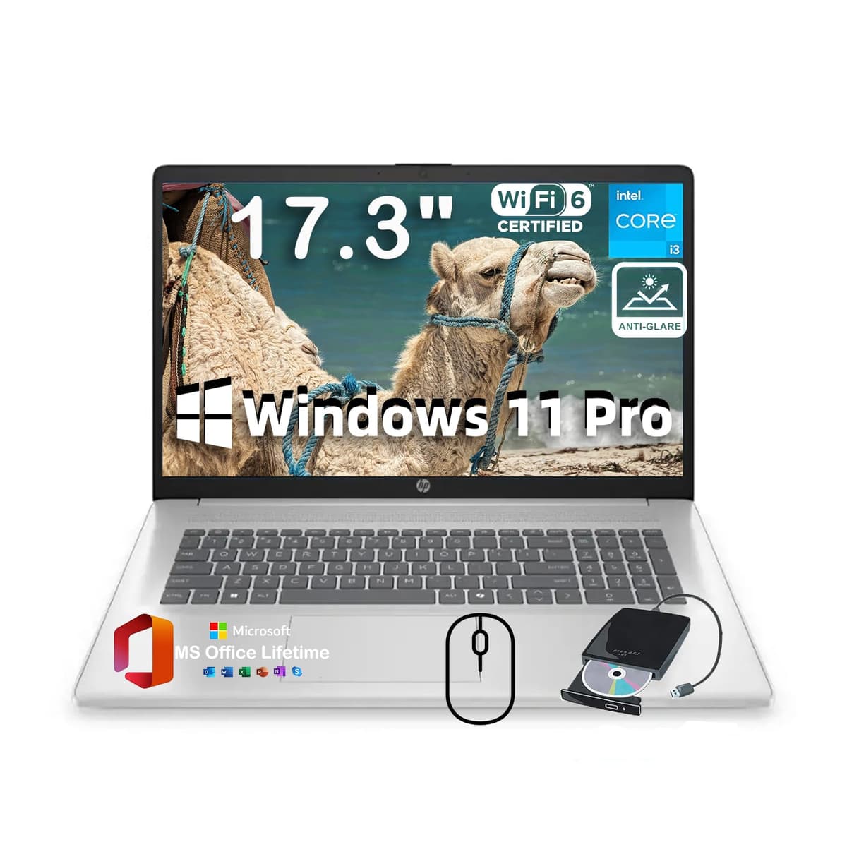 HP Laptop de 17.3" para negocios y estudiantes 2025 | con Office y unidad DVD externa | Pantalla HD+ antirreflejo | Intel (8 núcleos) i3 - N305 | Windows 11 Pro | Wi-Fi 6 | Copilot AI | 16 GB RAM | 512 GB SSD HP Laptop 17