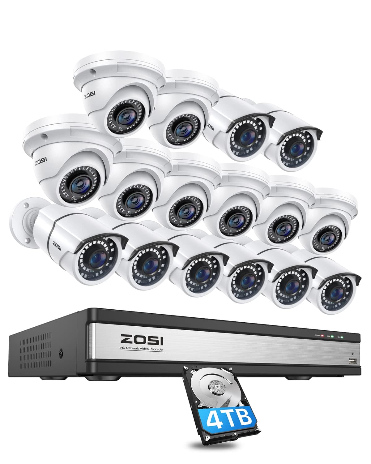 ZOSI 4K 16CH PoE Home Security Cameras System - NVR 4TB + 16 cámaras 5MP Bullet y Dome 16DK-2615W8X4185W8-30-US