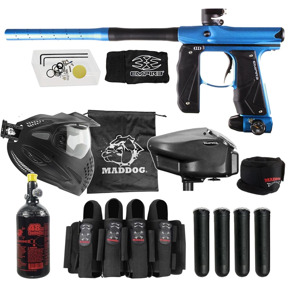 Maddog Empire Mini GS Full Auto con tanque HPA, cargador Empire Halo Too, máscara térmica anti-vaho, protector de cuello y arnés 4+3 - Azul/Negro