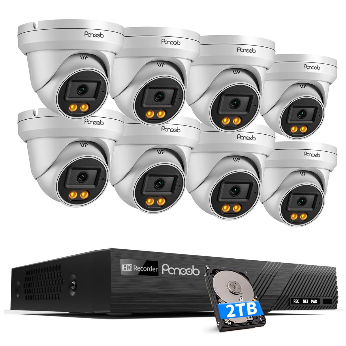 PANOOB Sistema de Cámaras de Seguridad 4K, 8 Cámaras Domo PoE Cableadas 8MP con Detección AI de Personas y Vehículos, Visión Nocturna a Color con Foco, Micrófono Integrado, NVR 4K 8 Canales con HDD 2TB para Grabación 24/7, PD93BA0808-8MD