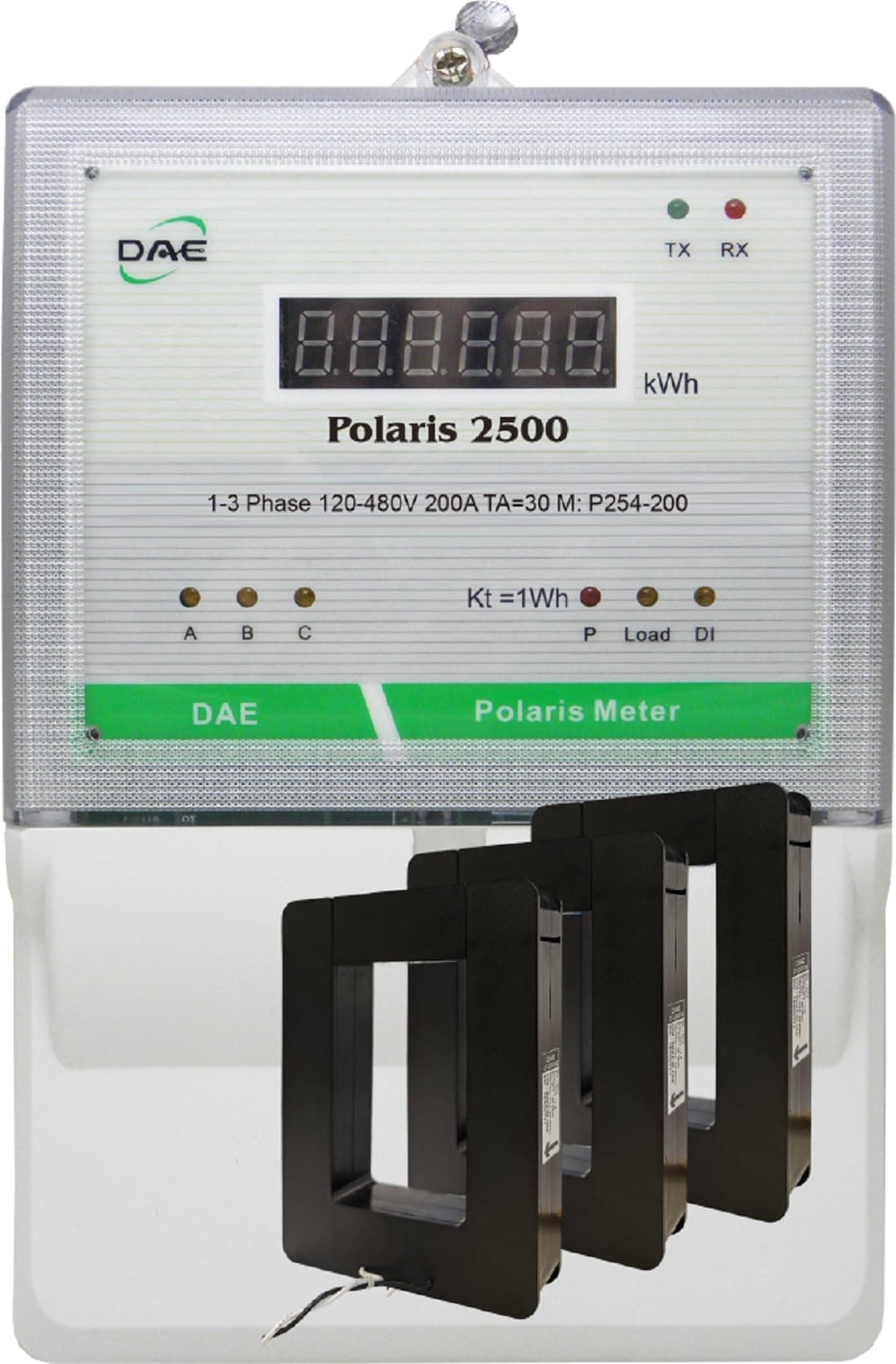 DAE P254-2000 KIT medidor kWh UL 2000A 3 fases 120-480V 50/60Hz con RS485 y 3 CTs split