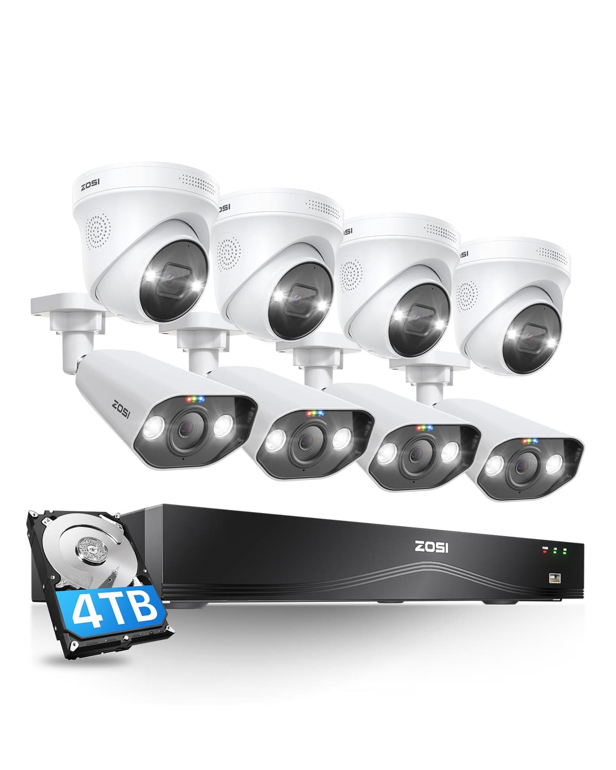 Sistema de cámaras de seguridad ZOSI 32CH 4K PoE, 8 cámaras IP 8MP para interior/exterior, detección de personas y vehículos, audio bidireccional, visión nocturna a color, alarma con sirena, NVR de 32 canales y 16 puertos con HDD de 4TB para grabación 24/7 168B4-1828X2258W4-US