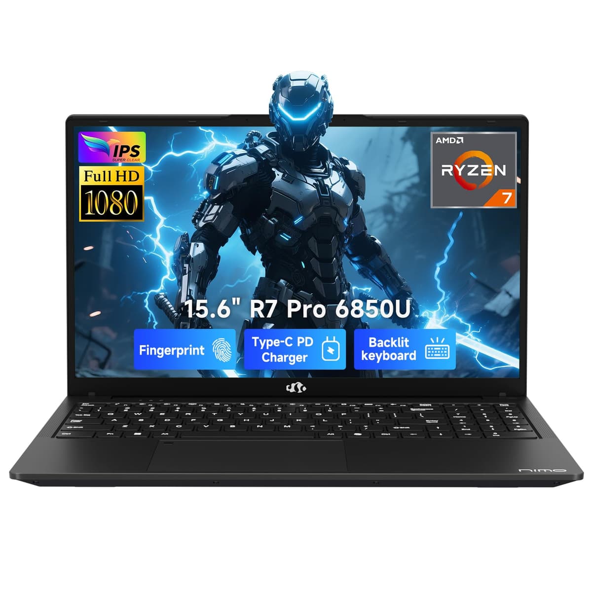 NIMO Laptop para juegos ligera 15.6", AMD Ryzen 7 Pro 6850U 8 núcleos 32GB LPDDR5 RAM 1TB SSD (Mejor que i7-1360P hasta 4.7GHz) AMD Radeon 680M GPU Pantalla IPS FHD, USB-C 100W, Teclado retroiluminado, Lector de huellas ARN21B
