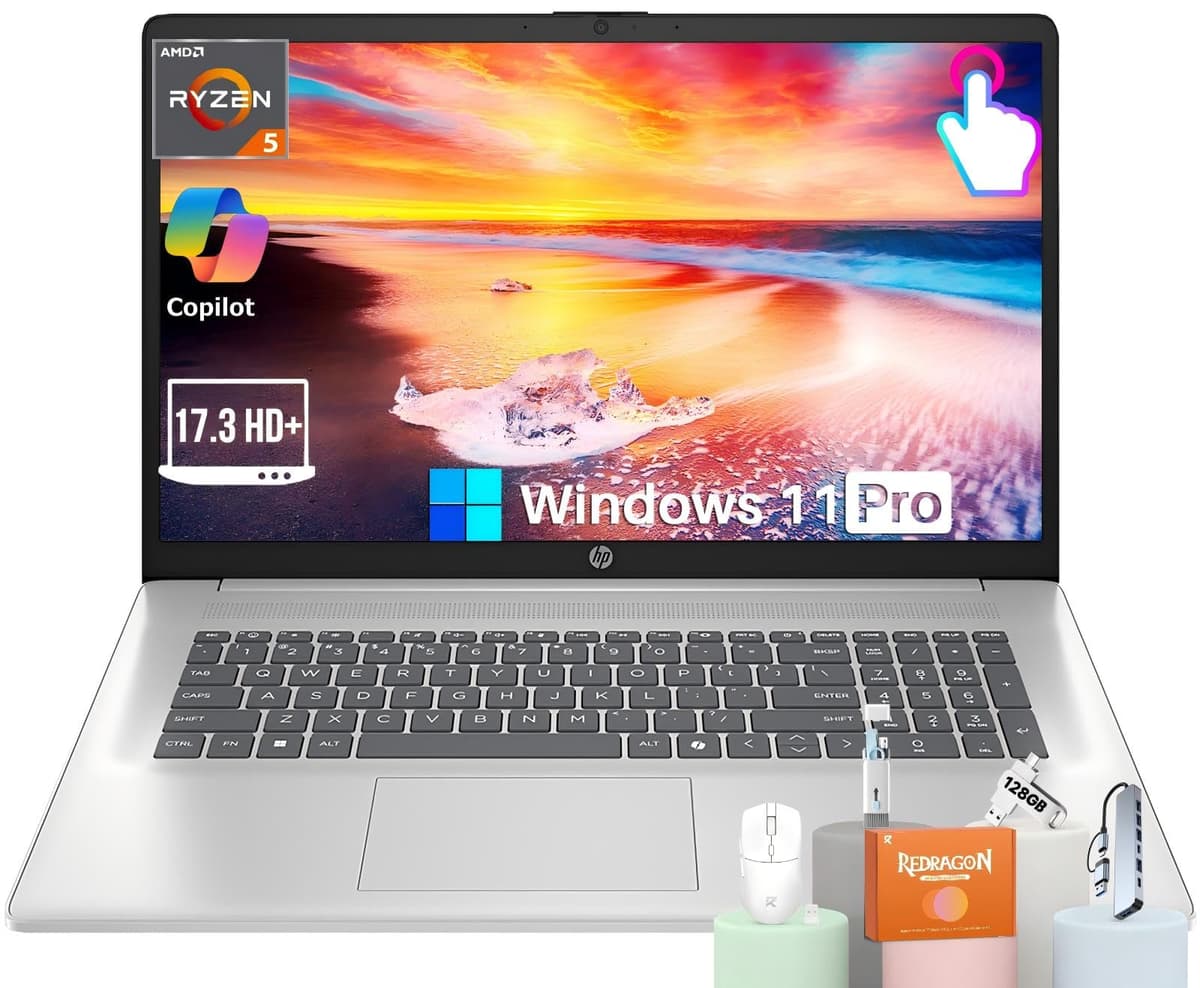 Laptop HP táctil de 17" para negocios, AMD Ryzen 5 7430U (mejor que i7-1165G7), 32 GB RAM, 1 TB SSD, Windows 11 Pro, 17.3" HD+, Gráficos AMD Radeon, Wi-Fi 6, BT 5.4, carga rápida, webcam, Copilot AI HP Laptop