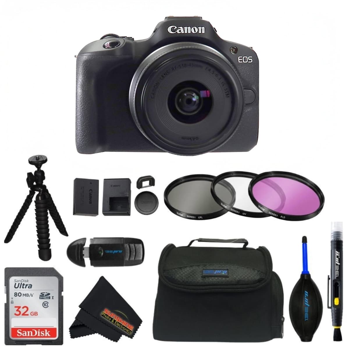 Canon EOS R100 RF-S18-45mm F4.5-6.3 con lente STM, kit con paquete avanzado de accesorios Sunshine Photo (reacondicionado) 6052C012-cr