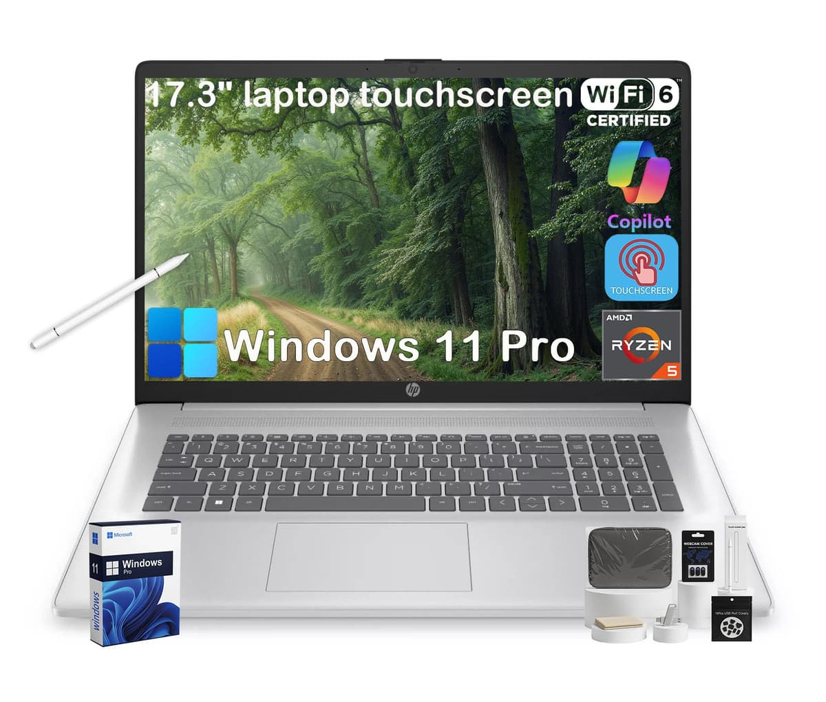 HP 17 Portátil, pantalla táctil HD+ de 17.3", 32GB RAM, SSD de 1TB, computadora portátil de 17.3" para negocios y estudiantes, AMD Ryzen 5 7430U, Copilot AI, HDMI, Wi-Fi 6, Windows 11 Pro, con accesorios hp 17 laptop