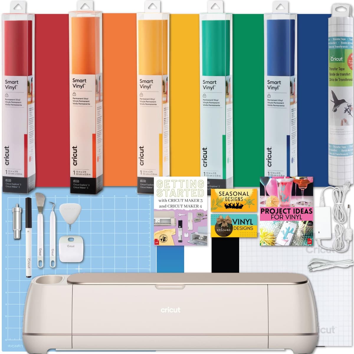 Cricut Maker 4 máquina de corte con paquete Rainbow Smart Vinyl - máquina de corte electrónico para manualidades con vinilo variado, cinta de transferencia y herramientas para deshierbe, kit para principiantes, conectividad Bluetooth z20-11084-N3