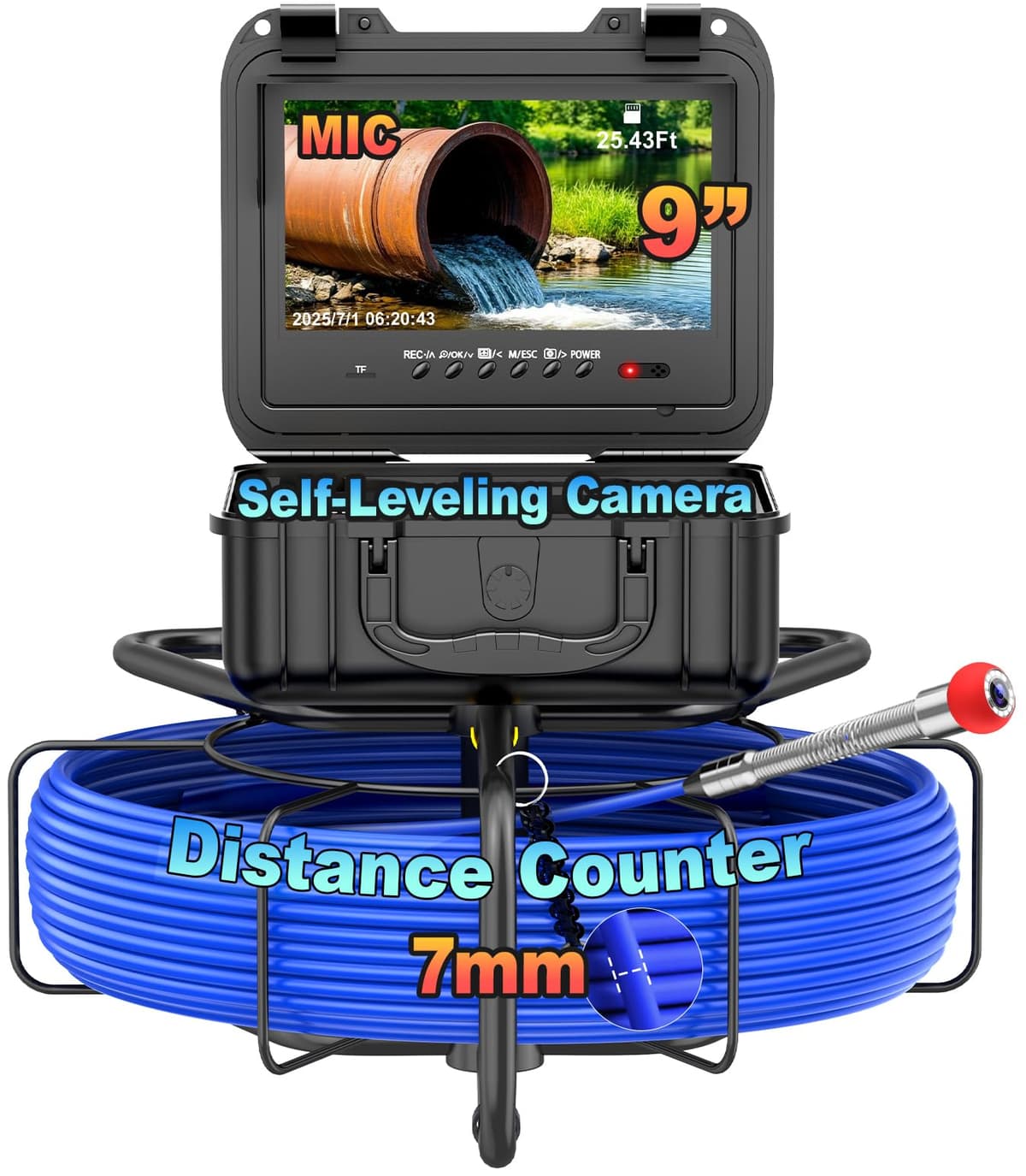 Cámara de inspección Anysun para alcantarillado 100FT con pantalla 9" 1080P, cable 7mm, DVR y tarjeta 32GB