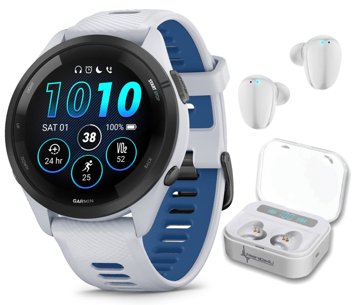 Wearable4U Garmin Forerunner 265 Music GPS para Correr 46 mm Smartwatch, Whitestone con Pantalla Táctil AMOLED Paquete de Auriculares Blancos TWS X7/X7-1