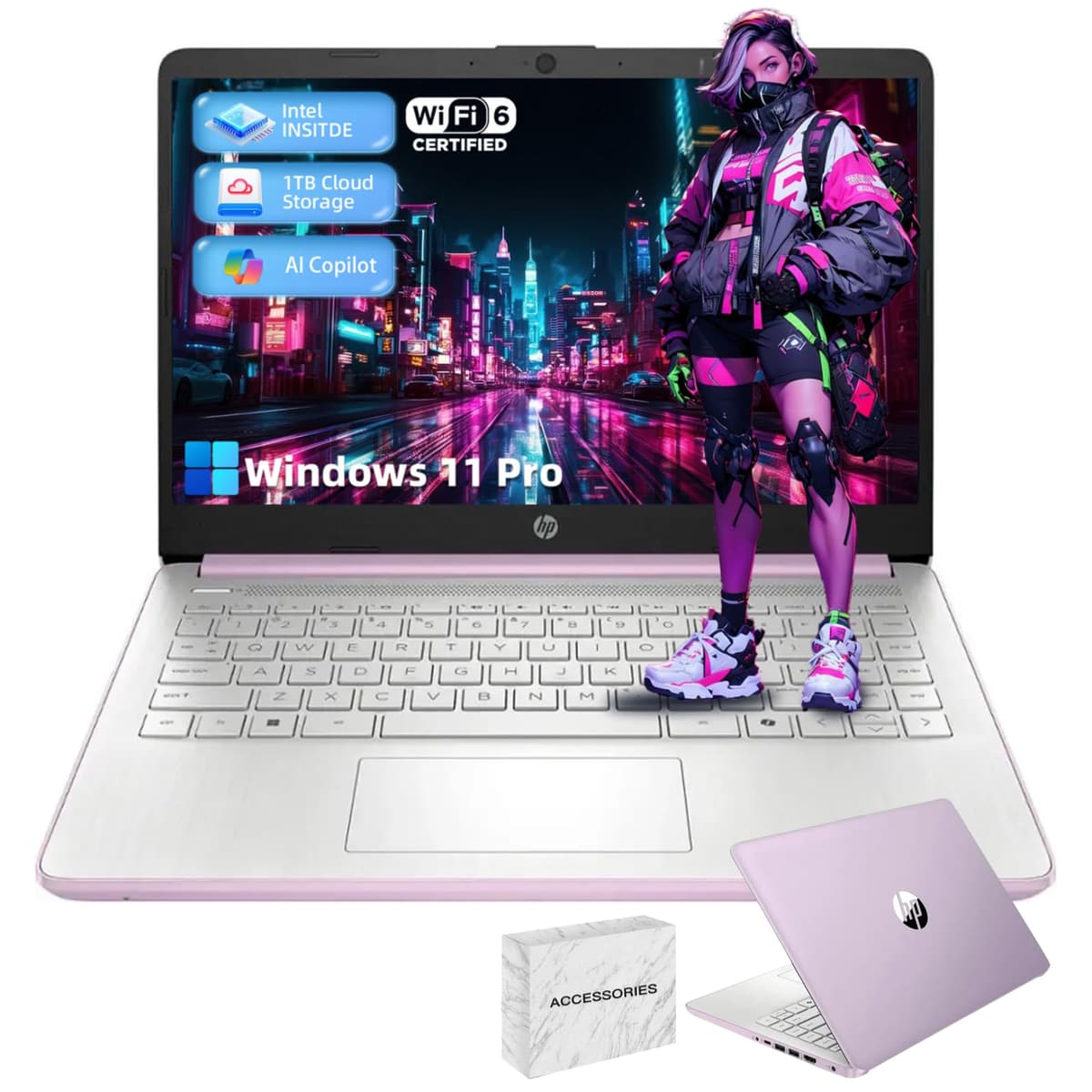 Portátil empresarial para estudiantes HP - Procesador Intel N150, 16 GB RAM, 384 GB de almacenamiento (128 GB UFS + 256 GB MSD), Microsoft Office de por vida, Copilot IA, 1 TB de almacenamiento en la nube, con IA, Lavanda